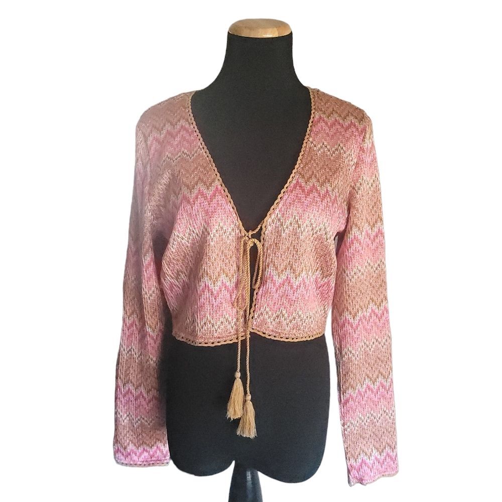 House of Harlow Pink Zig Zag Crochet Cropped Cardigan Sweater Large